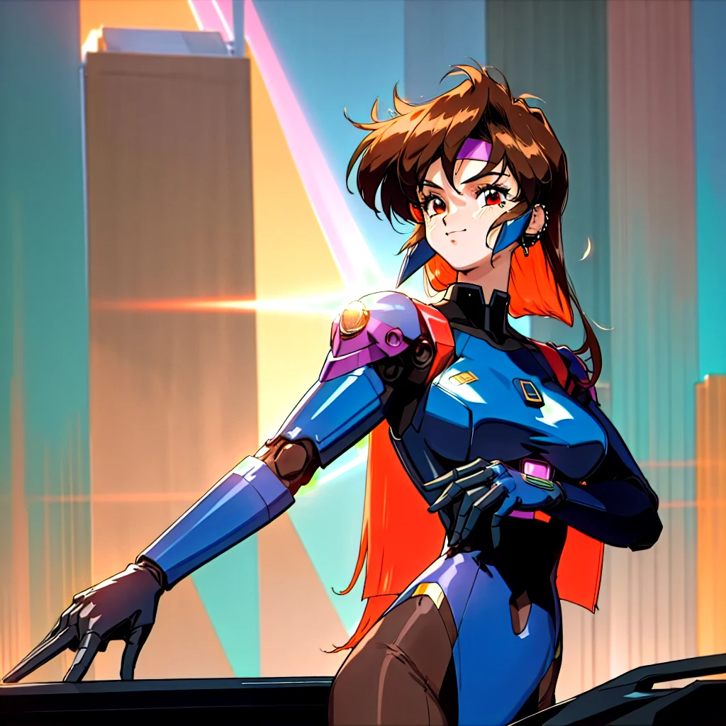 Kenichi Sonoda, retro art-style, 90s Japanese Anime Style, "bubblegum crisis", Sci-fi, Cyberpunk, Neon, (Amid the neon-soaked skyline of towering skyscrapers in mega Tokyo, 20-year-old anime beauty Priss stands alone on a gleaming skyscraper spire, bathed in the dazzling glow of the full moon. Her striking features are accentuated by a dark blue metal hard suit adorned with vibrant orange lines inspired by Syd Mead's industrial machine designs. Her brown medium-length hair frames her piercing gaze while she flashes a confident smile at the viewer. With fearless determination etched on her face, Priss is imposing and her entire presence exudes an aura of cool, stylish elegance. The smooth curves of her shadow, backlit by the moon, create a captivating silhouette, showcasing her unparalleled charm. (She takes off her uncomfortable full-face headset and lets her hair flow freely in the cool night breeze.), A beauty under the watchful eye of the city's towering skyscrapers.), 1girl, solo, The main character, "Priss", 20yo, anime beauty, Cool beauty, Unparalleled beauty, Brown medium length hair, forehead, red eyes, Cold and sharp eyes, harsh brushstrokes, dramatic lighting, A dark blue metal hard suit with orange lines has a sophisticated design, fearless look, an expression of ridicule, smile, Standing alone in the backlight, she looks cool and stylish, Standing, looking at viewer, Extreme close-up photography of upper body, from below, Depth of field, character focus, (masterpiece, Award-winning work, extreme quality, ultra high definition, all intricate, overall detailed, very aesthetic, boast pompously, focus on entire screen, asymmetrical, raytraced, caustics, textile shading, incredibly absurd resolution, absolutely resolution, ultra high resolution, professional, vivid colors, 16k, perfect anatomy, ideal facial features, Beautifully detailed face, Beautifully detailed eyes, ideally proportioned figure, perfectly beautiful body),
