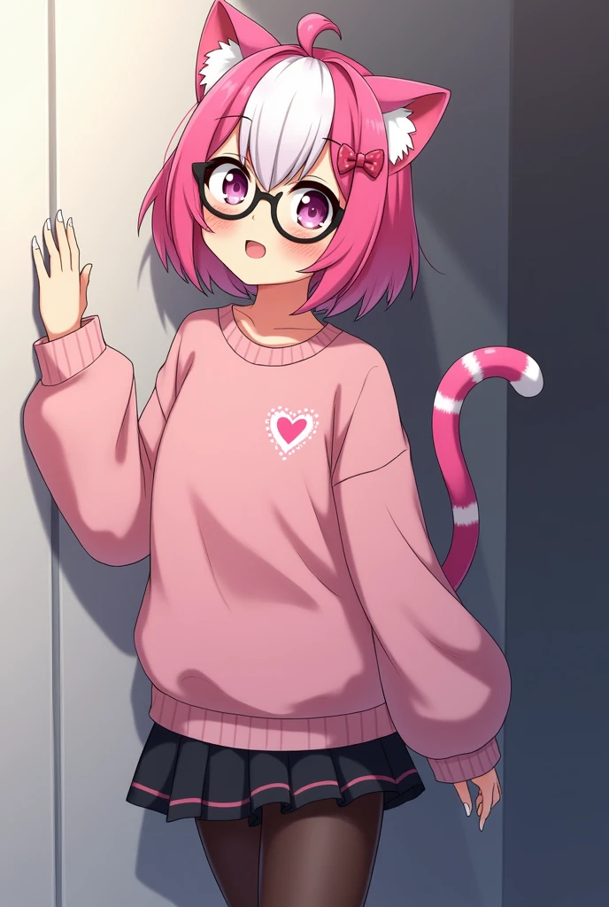 I have pink white hair, cat ears, a bow, My face is super blushing, black glasses, pink heart eyes, a big pink sweatshirt, a skirt under her skirt a black short, black stockings, White shoes, a cat's tail, A very shy girl I'm hitting you against a wall grabbing her butt