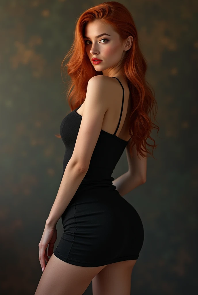 ultra realistic, photography, long red hair, girl, 24 years old, hourglass figure, perfect body, natural medium breasts, Flirty look, extremely detailed artgerm, in the style artgerm, facing the camera, lens 35 mm, blur background, masterpiece, super detailed, detailed face, beautiful eyes, detailed eyeshadow, lip details, red lipstick, full body, wavy hair, Wearing a black sheath dress, turtleneck, revealing legs, sexy legs, Wearing ultra-realistic pantyhose、