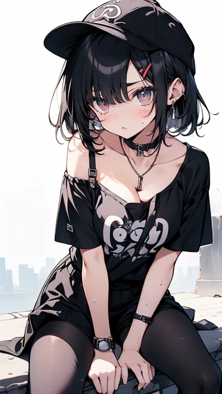 NSFW,WHITE Lace-patterned brassiere,WHITE Lace-patterned bra,{{open bosom:1.6}}Grumpy high school girls,{{Animated images of theatrical animation quality}}((Dynamic composition,,dutch angle,}},{{{masterpiece}}, {{{Highest quality}}},{{Very detailed}},baseball cap ,{{shoulder bag:1.6}},{{bent over}}, leaning forward, Bob cut with black hair,raglan t-shirt,Short-sleeved T-shirt with long length,Loose fitting T-shirt、Black pantyhose, shorts,Sweat、blush,v-shaped eyebrows.,Sweat dripping,small chest ,get annoyed,、Fantastic City,clavicle,watch