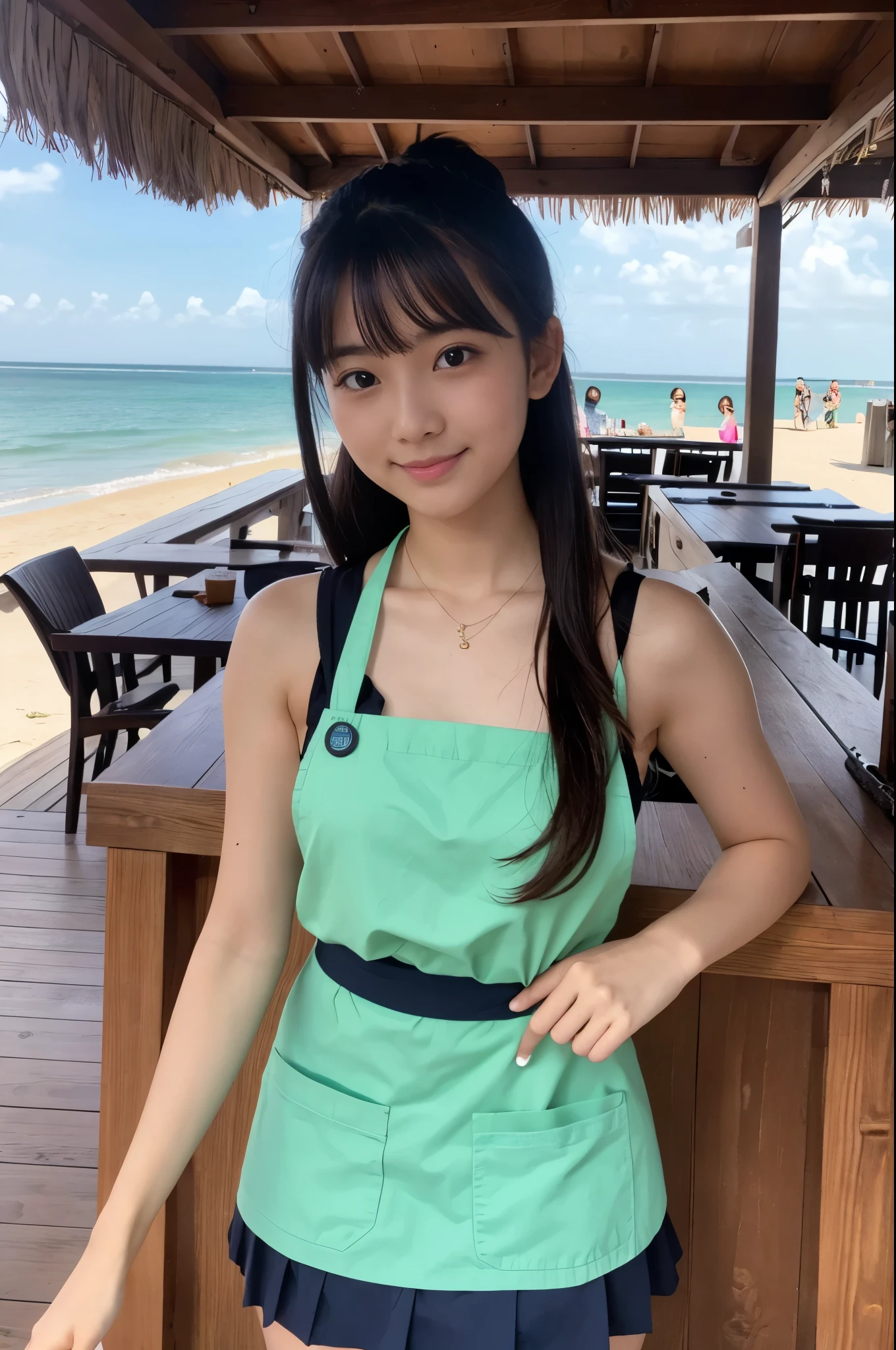 21 years old girl (Japanese cute face) is wearing apron, mini skirt and has fluits drink at the beach bar