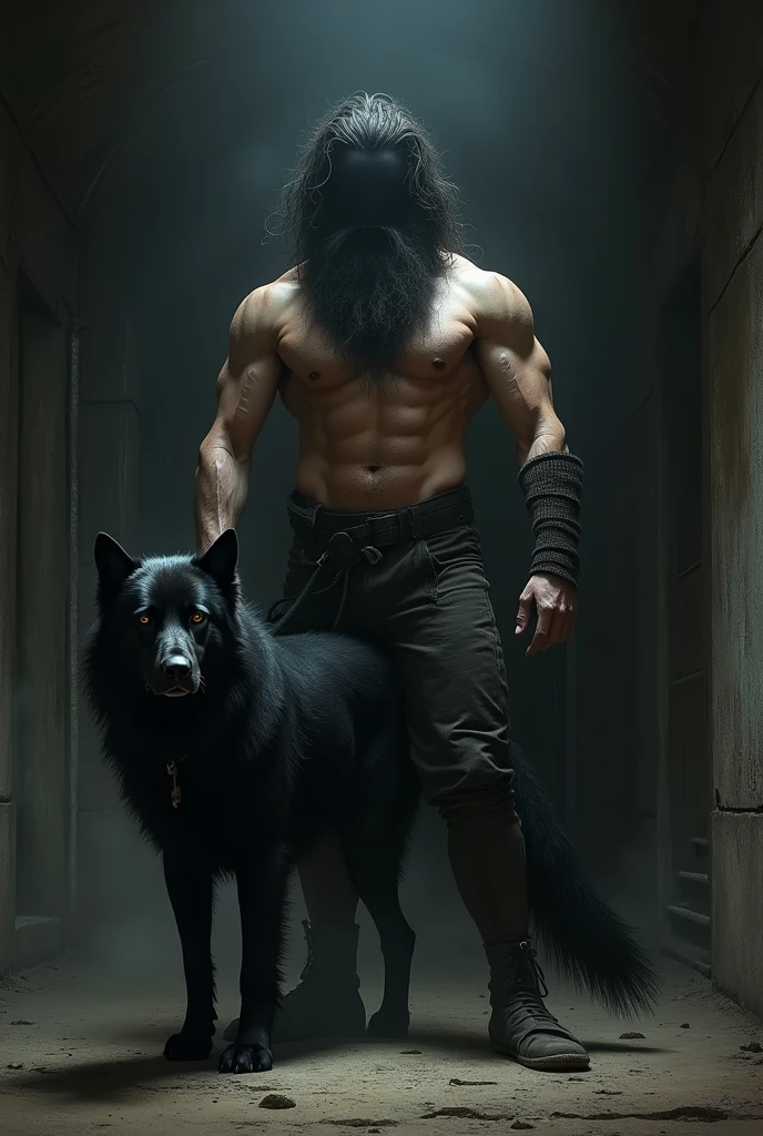 A shirtless, bushy man wearing only pants and his face completely black with a scary big black dog next to him in a dark room of a house