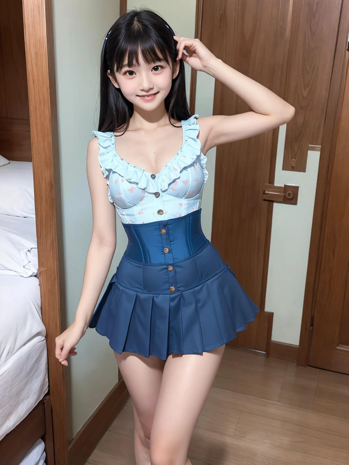 Highest quality、masterpiece、RAW Photos、Realistic、Realistic:1.2、Japanese 、13 years old、Innocent fGirl、cute、Baby Face、smile:1 sleeveless dress ls and blue check pattern and buttons down the chest)、Are standing、Dynamic pose、(Full body photo、footwear)、Black Hair、Thin thighs、((Flat Chest:1.5))、(Tight clothing:1.2)、Hotel Bed、Underbust corset、Lift up your skirt and show off your panties