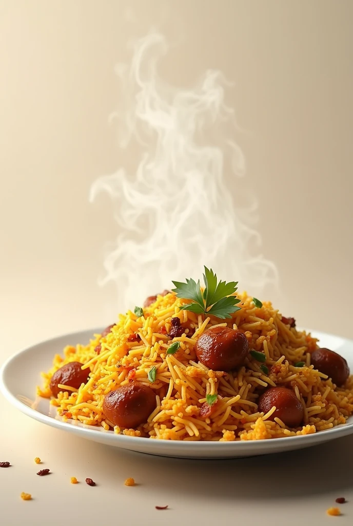 "Create a large poster with a plain background, featuring a small image of biryani with aroma leaving ample space to add text."