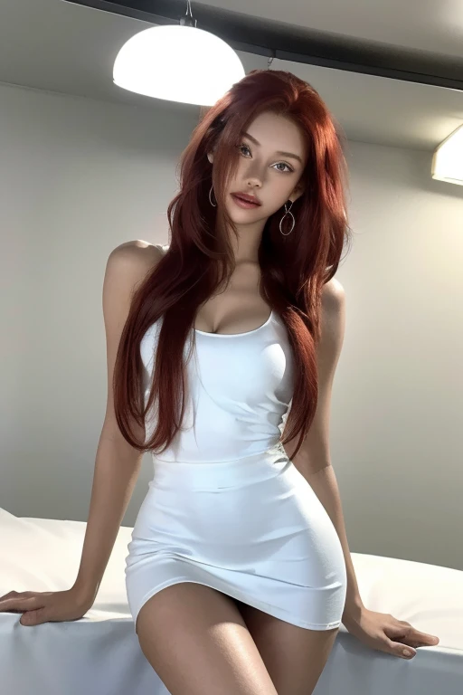 Ultra-realistic, Highest quality,Cinema Lighting, Real black girl, 16K, Good quality, High resolution, Warm atmosphere, Dreamy atmosphere, 1 person, 18-year-old, ((Long Red Hair 1.5)), ((Shiny skin 1.5)), Looks sexy in the eyes, pretty pretty face, Beautiful Makeup, Beautiful mouth, Realistic Skin, skin is illuminated, Perfect Shading, ((White tight mini skirt dress 1.5)),, hotスキニーボディ, Beautiful breasts, Slim body, hot, Fascinating, Sensual posture, Larger buttocks, Thighs, Different positions at different angles, Realistic Textures, Indoor Background, Aesthetics of Dreams, Dreamy atmosphere, Cinema Lighting.