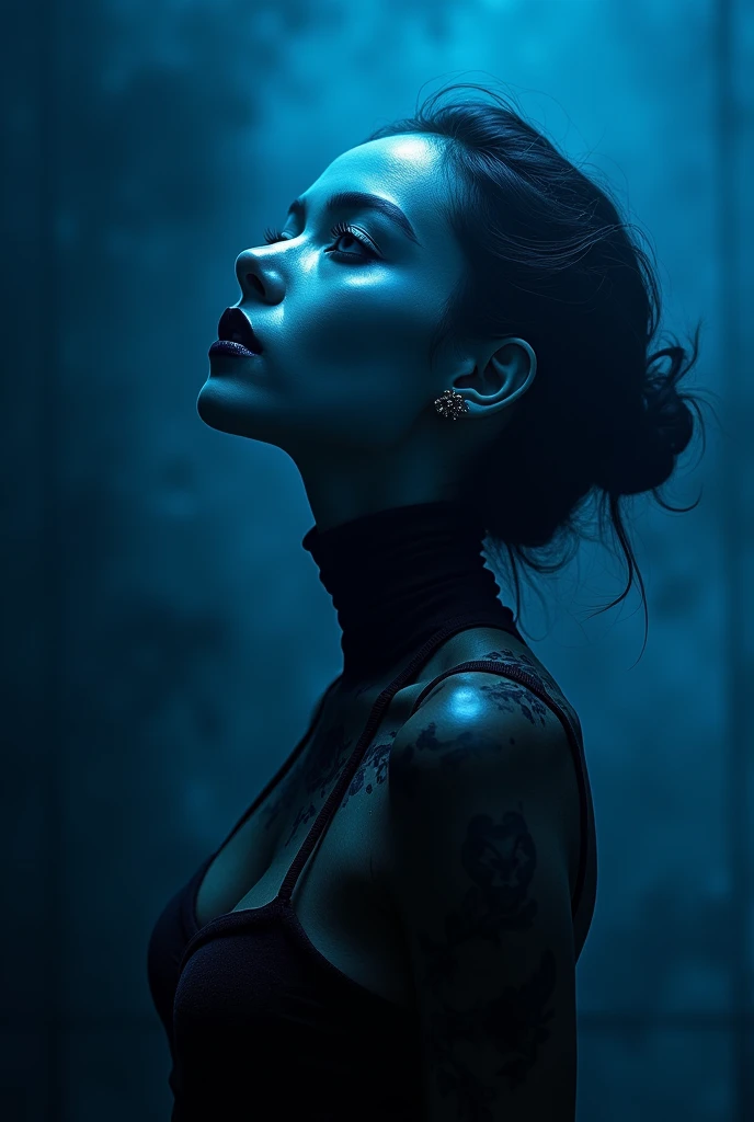Make a picture of a sexy girl in blue With dark and mysterious colors, rebel looking up right, futurist, for an account of my Instagram to promote her senior year of high school, Hot, hot, horny, that does not look human