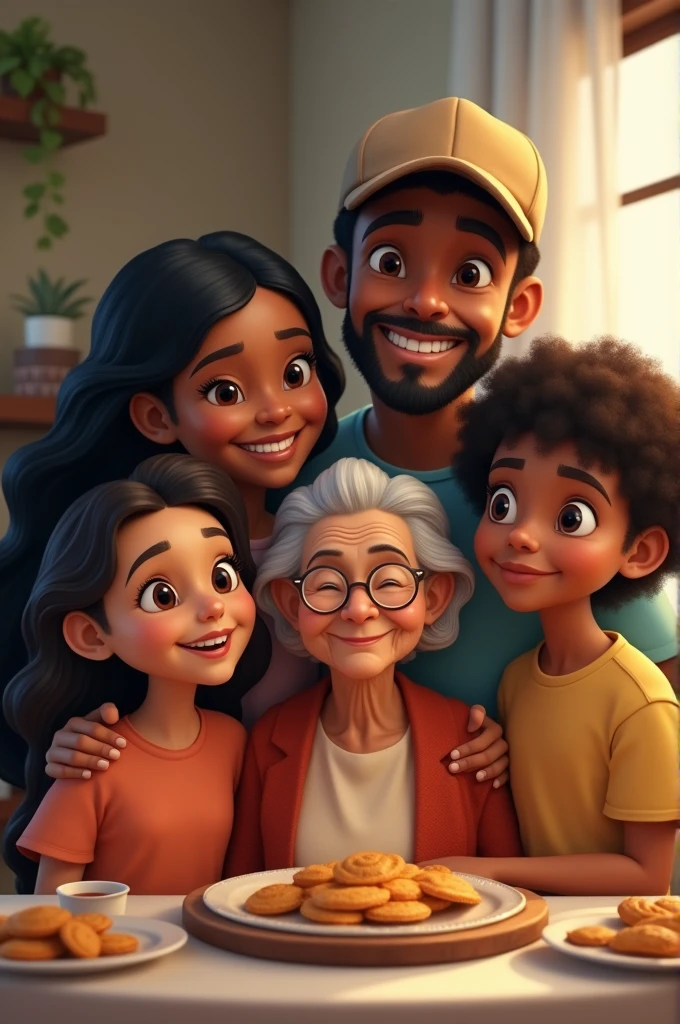 Create me a family, a grandmother, a tall white-skinned father with a cap, a chubby dark skinned mother with long black hair, Two children One boy, dark skin, tall, black hair, a daughter with curly hair and a brunette
