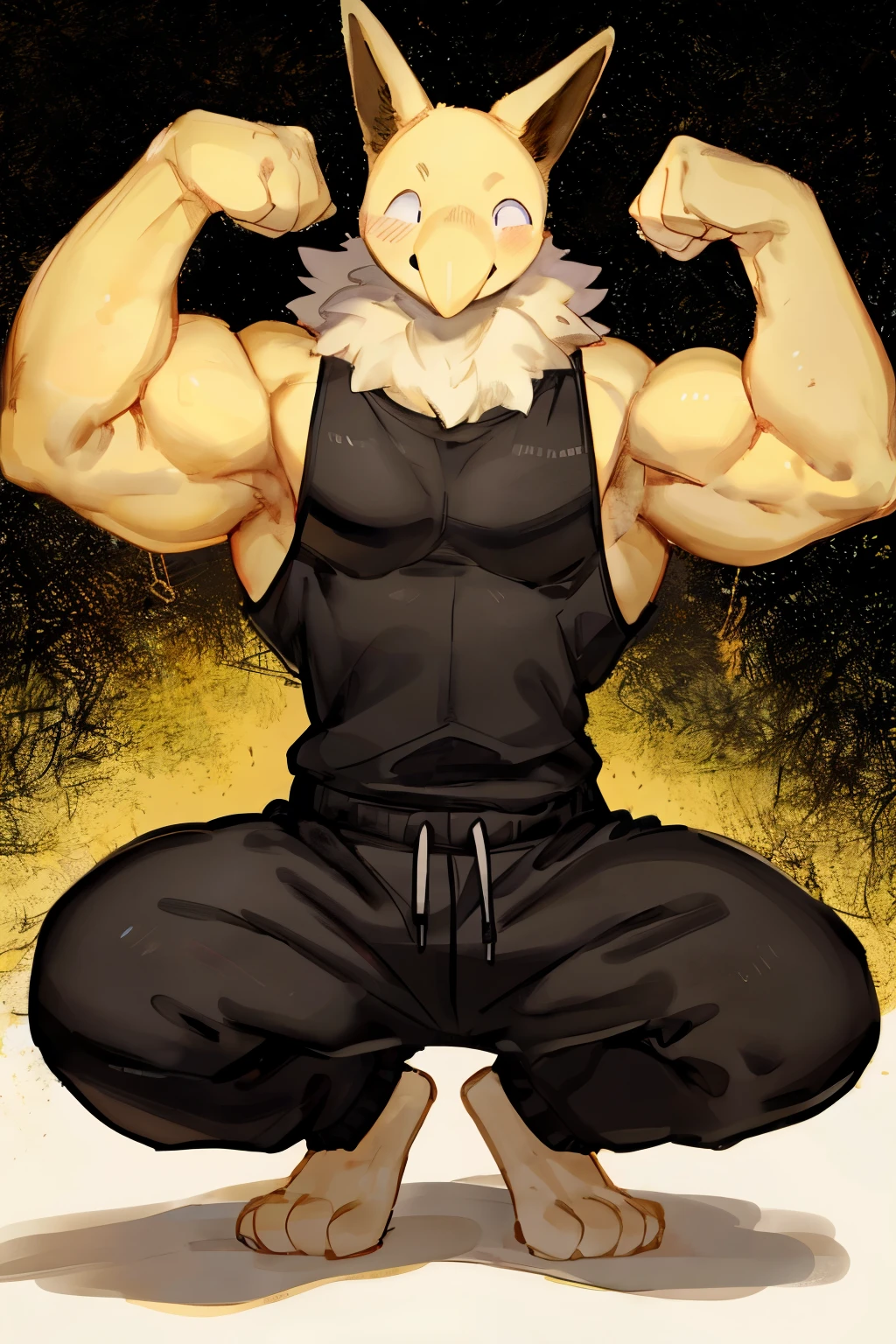 Furry, Anthro, solo, Hypno, Male, (((muscular body, massive male pectorals, yellow skin, fluffy neck, wearing white fur around neck, facing viewer))), ((((massive biceps, wide-eyed, head tilted, crouching)))), ((((((massive bulky torso, flexing, happy, wearing black full male tanktop, wearing black sweatpants, barefoot)))))), full body, black/yellow spraypainted background, by buta99, by zackary911, by bebebebebe, (((digital painting)))