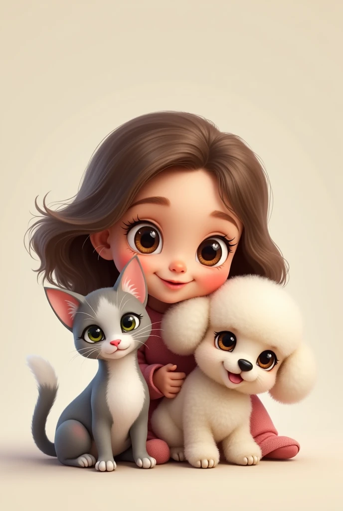 First put a girl with brown wavy hair combed to one side, slightly broad forehead and large brown eyes, Medium mouth with the lower lip slightly larger than the upper lip, chubby with slightly pink cheeks and short neck, with a wide texture; Second, put a white but flat poodle with ears that go from white to very light brown.; Third, put a light gray cat with white that goes from the eyes like a line and expands throughout the snout., with a pink nose and not so clear green eyes; Fourth, put a small, short-haired, white Chihuahua with only one eye and a brown spot around the eye, all lively.