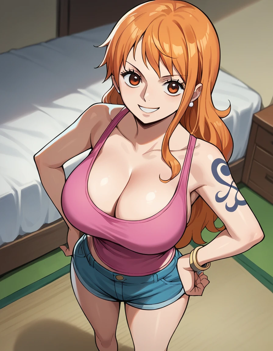 score_9, score_8_up, score_7_up, source_anime, best quality, clear face, 1girl, Nami, orange hair, orange eyes, long hair, large breasts, cleavage, looking at viewer, standing, dynamic angle, smile, from above, pink tank top, short pants, bedroom, put one hand on hips