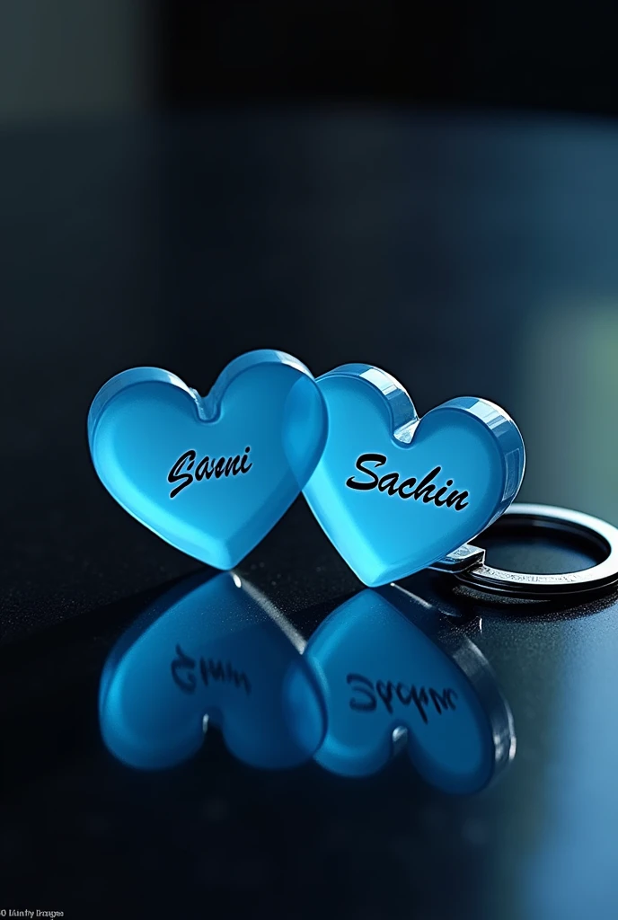 This is two beautiful transparent sky blue heart key ring left inside written name Sanni clearly right heart inside written name Sachin clearly black background and is placed on a black very shining table kept 16k ultra quality 