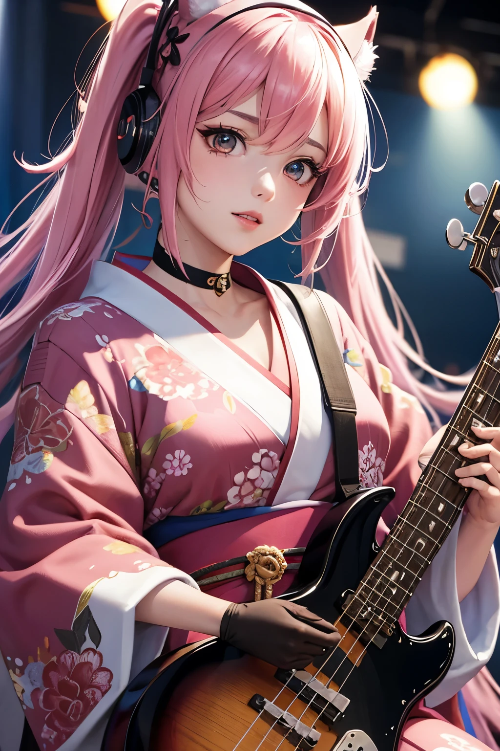 masterpiece, best quality, very detailed, high resolution, expensive resolution, high resolution, 4K, 8k, Unity 8k wallpaper, highly detailed CG, masterpiece, 2D, 3D, beautiful details, depth, fine texture, best quality: 1.3, perfect focus, crispy skin, he,
Very cute anime girl, girl playing baseguitar vocals in a band wearing a Japanese fancy floral haori hakama, on outdoor stage, full body, expensive pink twin tail hair, mole under eye, looking at the viewer, expensive, blush, mole, lips open, , heart choker, pink eyes, guitar vocals, stage,Full body of an anime girl with pink twin-tailed hair wearing a Japanese kimono and playing a bass guitar on stage at a cyberpunk festival