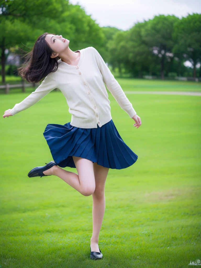 (masterpiece, highest quality:1.4), Award-winning portraits, 8k, 85mm, alone, Beautiful Face, Delicate girl,  (Cheerleader、On the grass), Sophisticated, cute, ************, RAW Photos, Confused, High resolution, Sharp focus, Background Blur、(((flat  、thin and delicate body、Childish atmosphere)))、shiny semi-long hair、Mole on the left cheek、 Dark blue eyes、the skirt is swaying in the wind、Hair swaying in the wind、sexy、flexible legs、naked