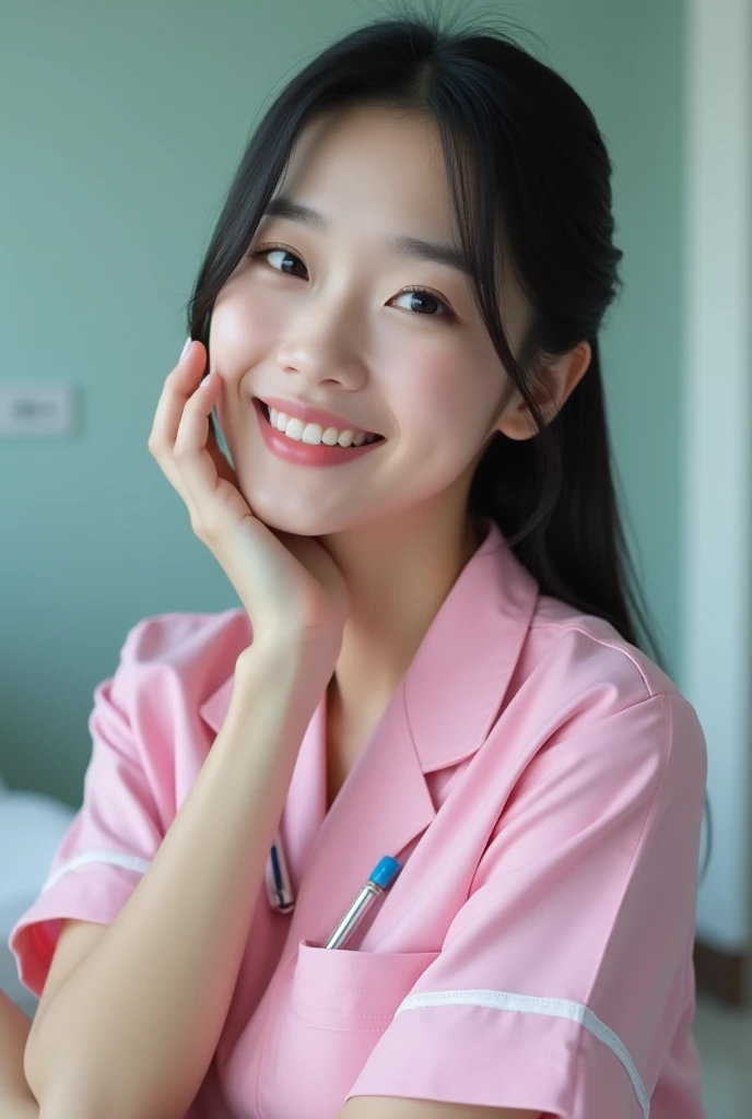 photograph, cowboy shot, woman with palm under chin facing upwards, smiling beautiful Japanese female nurse wearing pink nurse dress, hourglass figure, beautiful detailed face, black hair, pale skin, fair skin, realistic skin, detailed cloth texture, detailed hair texture, Perfect proportion, Anatomically correct, Highly detailed face and skin texture, private modern hospital room, looking at viewer, asian face , perfect anatomy, realistic
