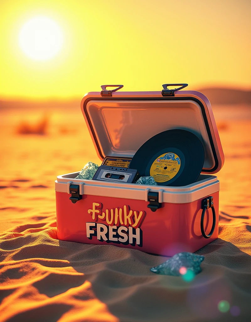 Une glacière de camping style 80's remplit de disques,de k7 et de Cd's et glaçons.Au milieu du sable avec un gros soleil . Écrire FUNKY FRESH style 80'ssur la glacière.faire un titre  Mac Dal Sdj Orchestra 