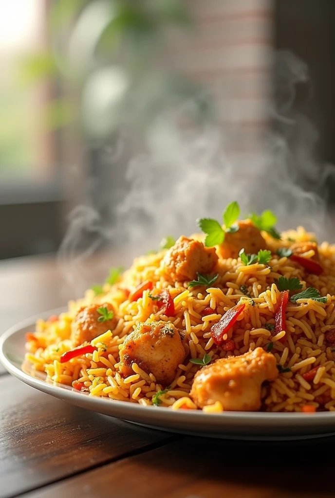 "Create a large poster with a plain background, featuring a small image of chicken biryani with aroma leaving ample space to add text."