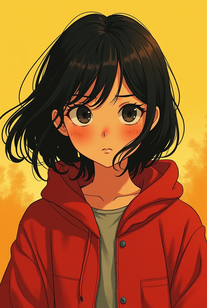 lofi girl, lofi artstyle, lofi art, a close up of a person with a red jacket and a yellow background, satoshi kon artstyle, style of satoshi kon, by Kentaro Miura, satoshi kon anime, conrad roset and makoto shinkai, anime style illustration, kuvshinov ilya, by Yamagata Hiro, inspired by Satoshi Kon, by Satoshi Kon