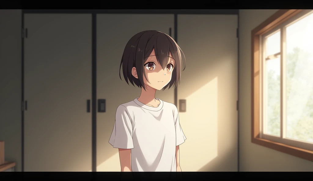 Inside the room,Bob,One person, solo, White T-shirt smiling, Off-screen, Anime Style,