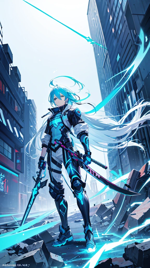 Create a boy with long white hair wielding a futuristic blue Japanese energy sword, with dark-colored cyberpunk clothing with turquoise details, his body is surrounded by cyan blue electrical energy ANIME VERSION in a destroyed city