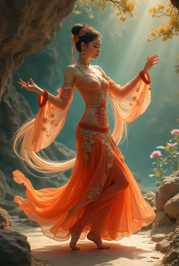 ((Best quality)), ((masterpiece)), (detail), exotic_dance,1girl,people dancing,only, dunhuang fabric,dunhuang style,dunhuang_bottom,dunhuang skirt, detailed hands, detailed skin, detailed light, detailed face, detailed trees, detailed 5-fingered hand, detailed fabric color, similar face file:///D:/C/Desktop/e%20duong/z5728321478468_c48a1434d8a229637008870c5a128975.jpg
