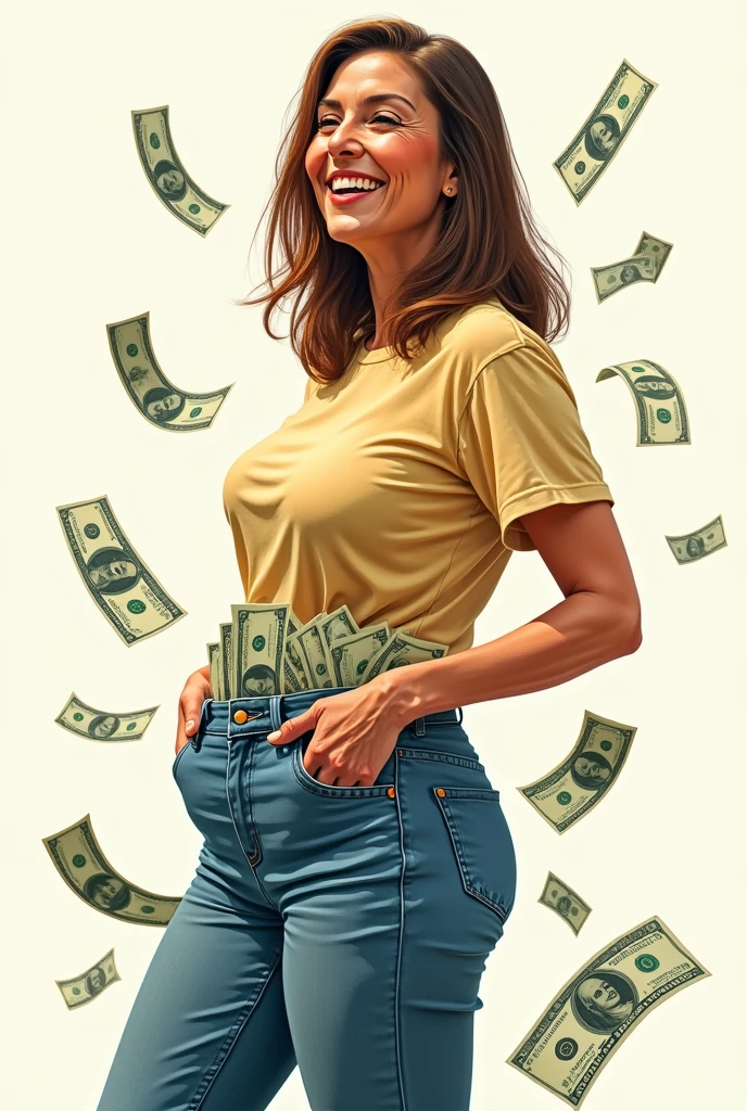 A drawing of a 60-year-old Brazilian woman smiling, with straight, short hair down to the shoulders, with his huge ass turned to the side and his pants pockets full of money, bouncing money out and more money around you