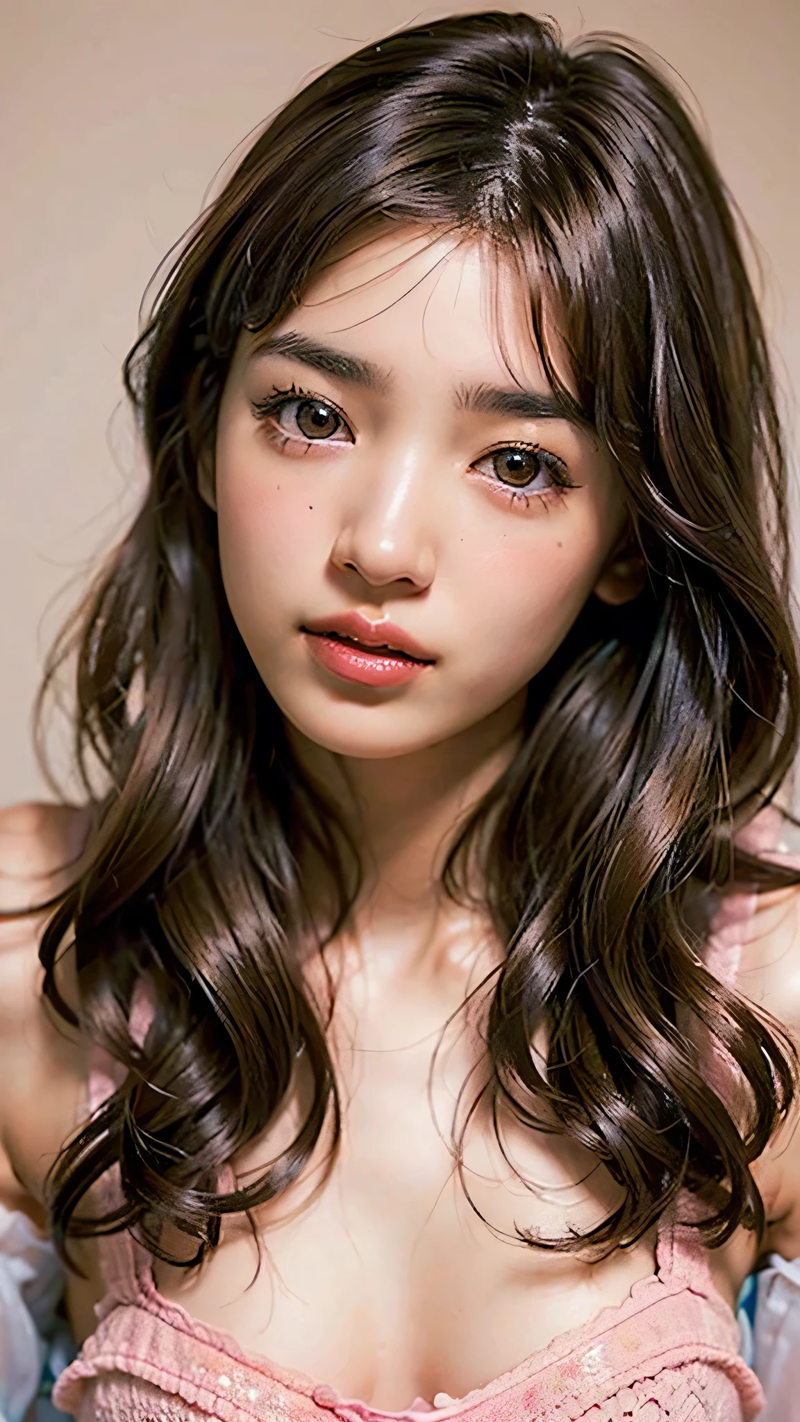 ((NSFW)), beautiful girl, ((brown eyes)), (18 year old age girl), light brown hair color, ((big tits)), lips, realistic, (slim face), ((skinny)), charming, pink lipstick, colorful makeup, long eyelashes, wearing eyeliner, fair skin, (cute), (detailed face), detailed eyes, detailed iris, complete naked,