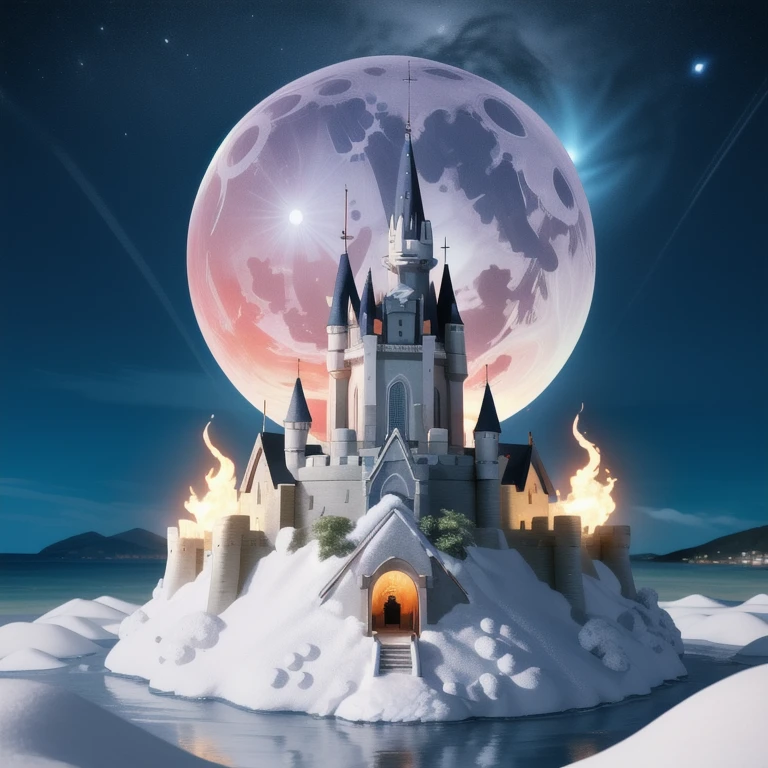 Castle, flowers, delicate scene, sky, White clouds, and the sunshine shines on the snow-white beach. birds, pink flowers and bright big shells, diamond crystal, on the beach, Fantasy, night sky, moon, smoke, fire, Photo, HD, 8 K, uhd, super detail, high quality, 1080P  