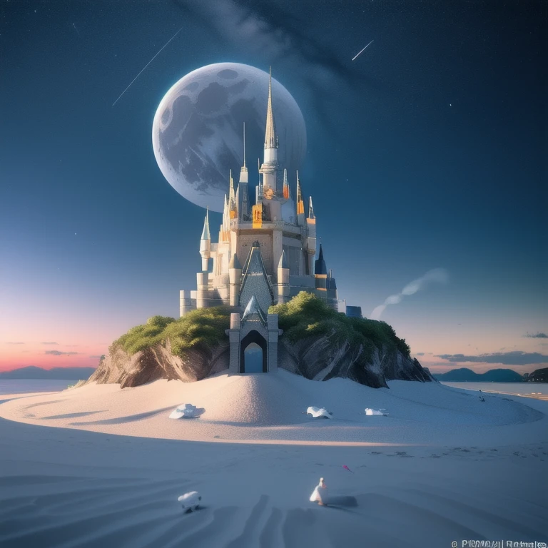 Castle, flowers, delicate scene, sky, White clouds, and the sunshine shines on the snow-white beach. birds, pink flowers and bright big shells, diamond crystal, on the beach, Fantasy, night sky, moon, smoke, fire, Photo, HD, 8 K, uhd, super detail, high quality, 1080P  