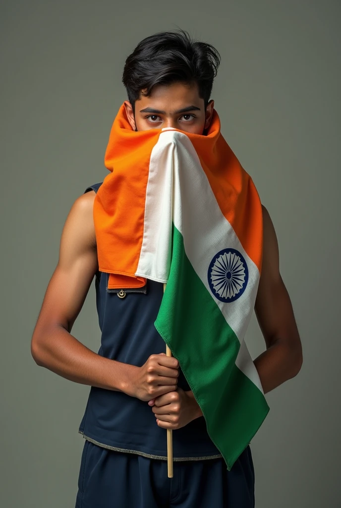 Photorealism) student of salwan school old rajendra nagar wearing uniform very fit student and holding his Indian flag in front of his face.
