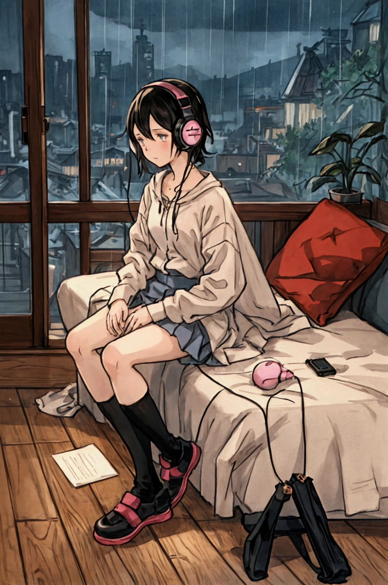 Girl listening to music in cozy room at night, Use headphones, 2D style anime, lo fi, hard disk, dark environment, raining outside