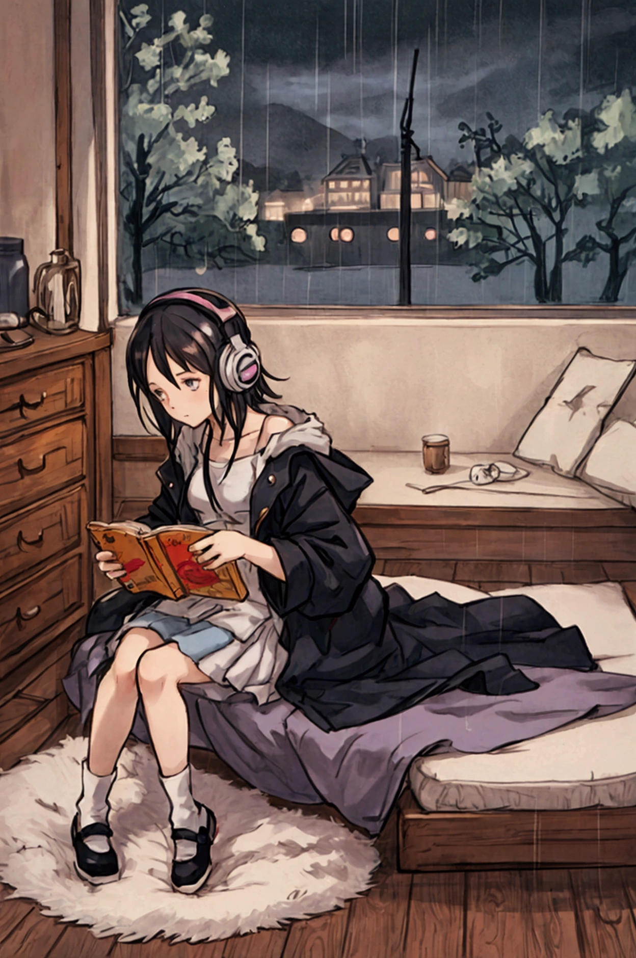 Girl listening to music in cozy room at night, Use headphones, 2D style anime, lo fi, hard disk, dark environment
