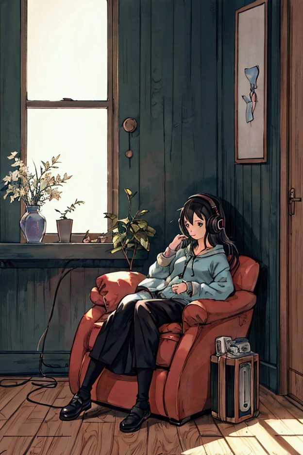 Girl listening to music in cozy room at night, Use headphones, 2D style anime, lo fi, hard disk, dark environment, raining outside