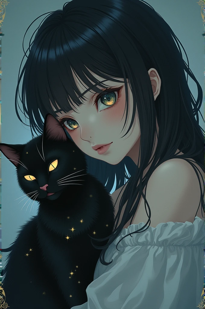 Sad anime woman accompanied by a black cat with a star theme