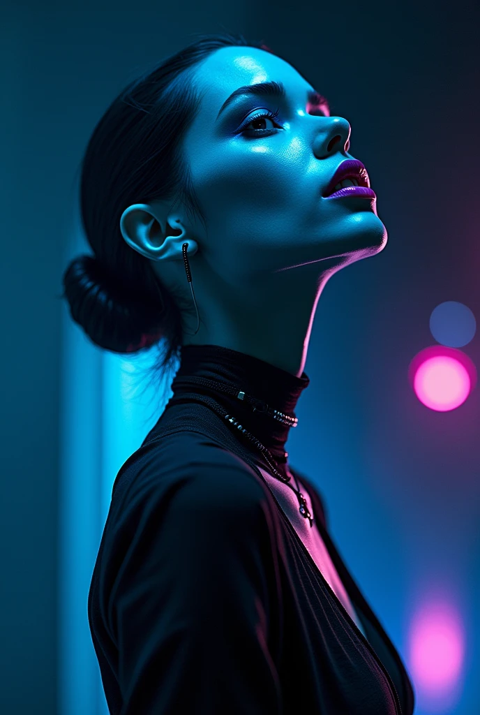 Make a picture of a sexy girl in blue With dark and mysterious colors, rebel looking up right, futurist, for an account of my Instagram, Hot, hot, horny, that does not look human