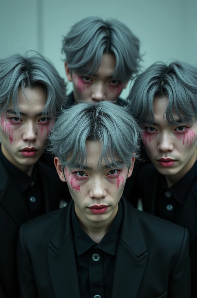 Stray Kids (realistic photo),( demon seeds) ,(grey hair) (pink eyes)