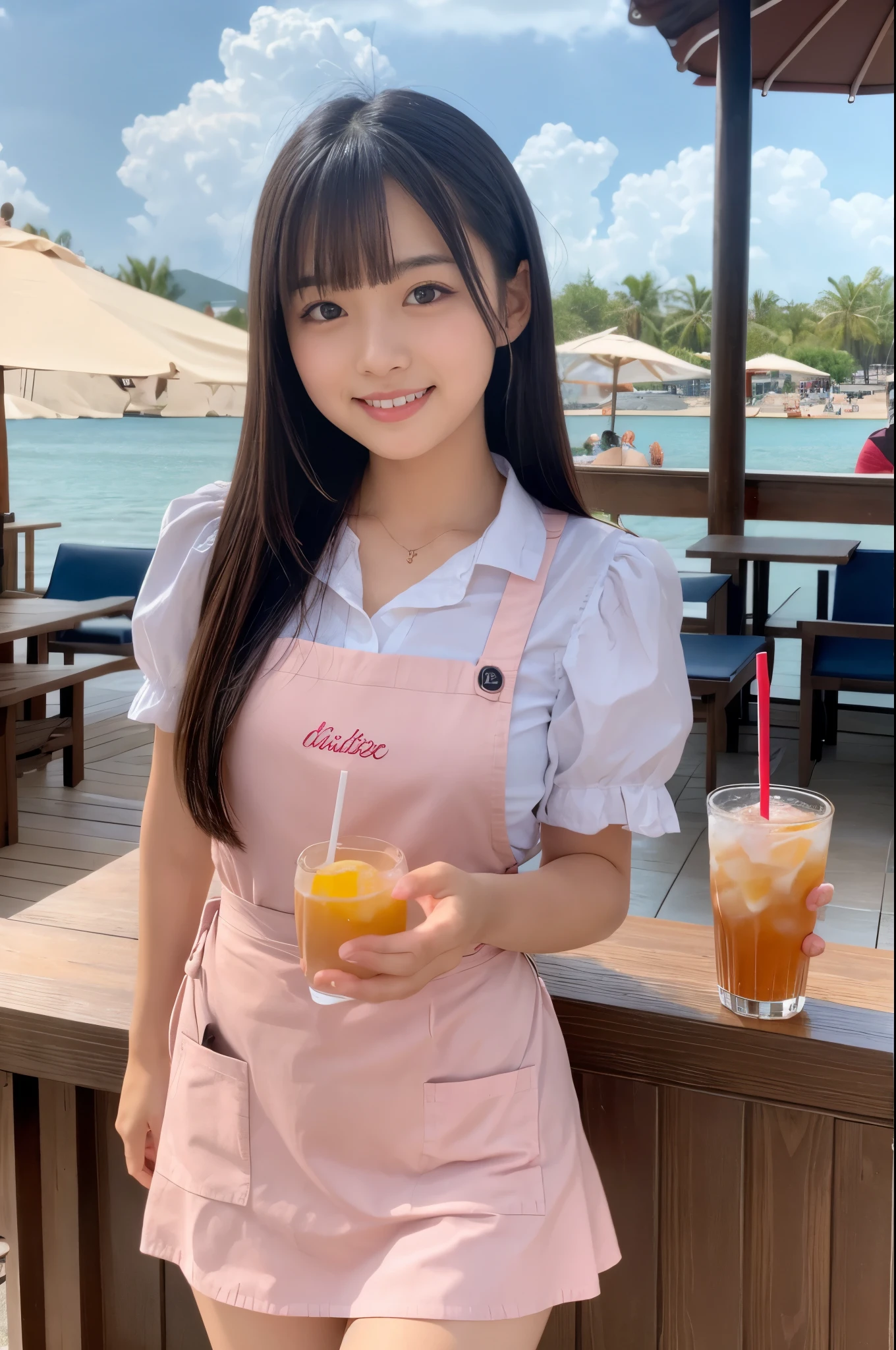 21 years old girl (Japanese cute face) is wearing apron, mini skirt and has fluits drink at the beach bar