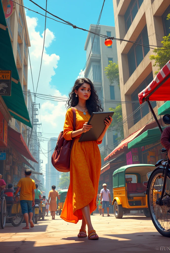 A bustling urban scene of Bangalore with colorful streets and modern buildings. Focus on a young woman artist, Mousumi, walking in the city.