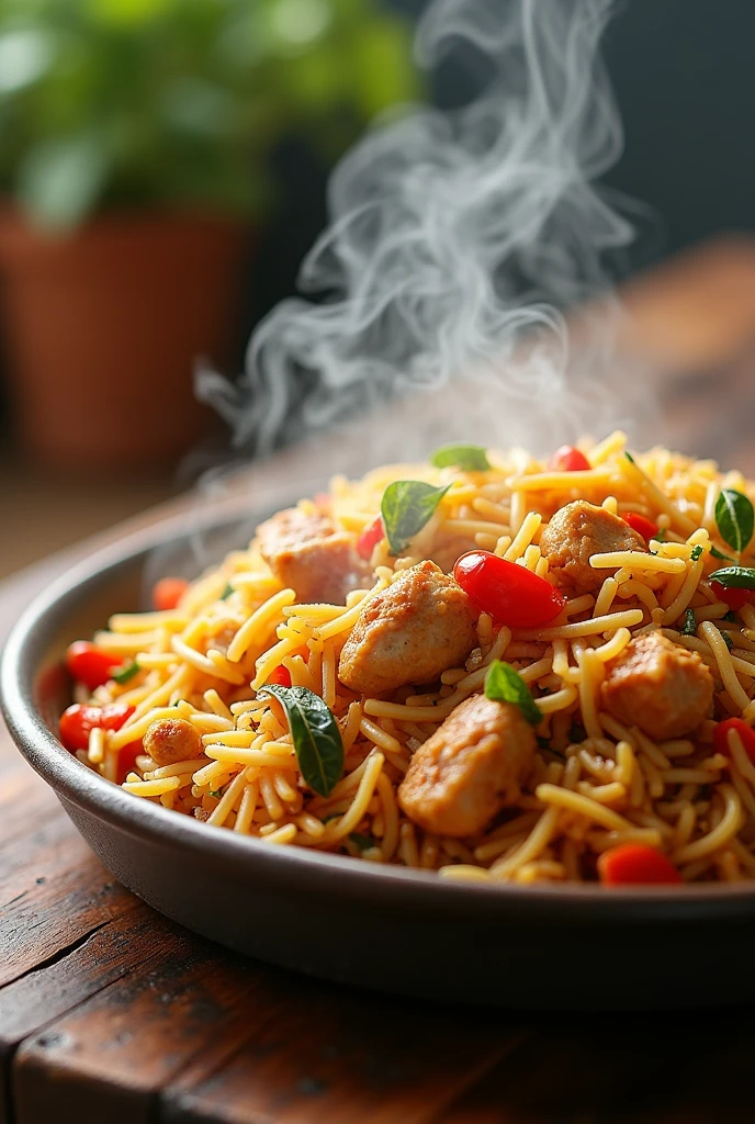 "Create a large poster with a plain background, featuring a small image of chicken and veg biryani with aroma leaving ample space to add text."