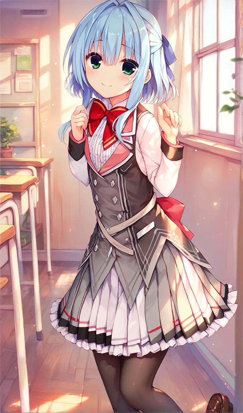 asumi-default,school uniform,green eyes,blue hair,hair ribbon,school uniform, red bow,frills,shirt,pleated skirt,frilled skirt,black pantyhose,loafers,living_room,smiling,standing