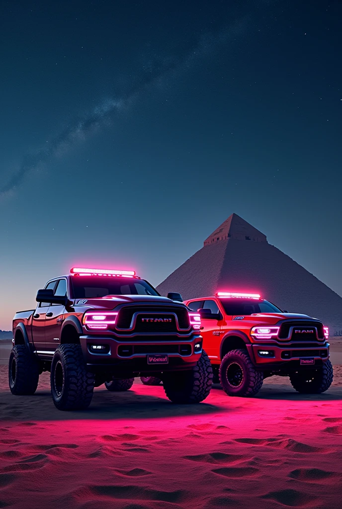 Two Dodge Ram TRX in Egypt in front of the Giza pyramid at night and all with neon lights and stars in the sky