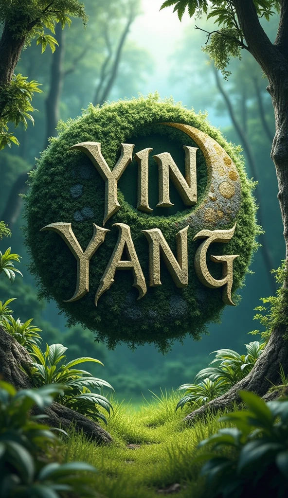 There is a fantasy title "Yin Yang" written in the fantasy symbol yin yang. There is a green jungle behind the title, a grassy forest. Yin Yang mythological symbol clearly visible behind the title. Wild and rustic background, font of the title is fantasy, beast. A 3D, fantasy, realistic, aesthetic poster.