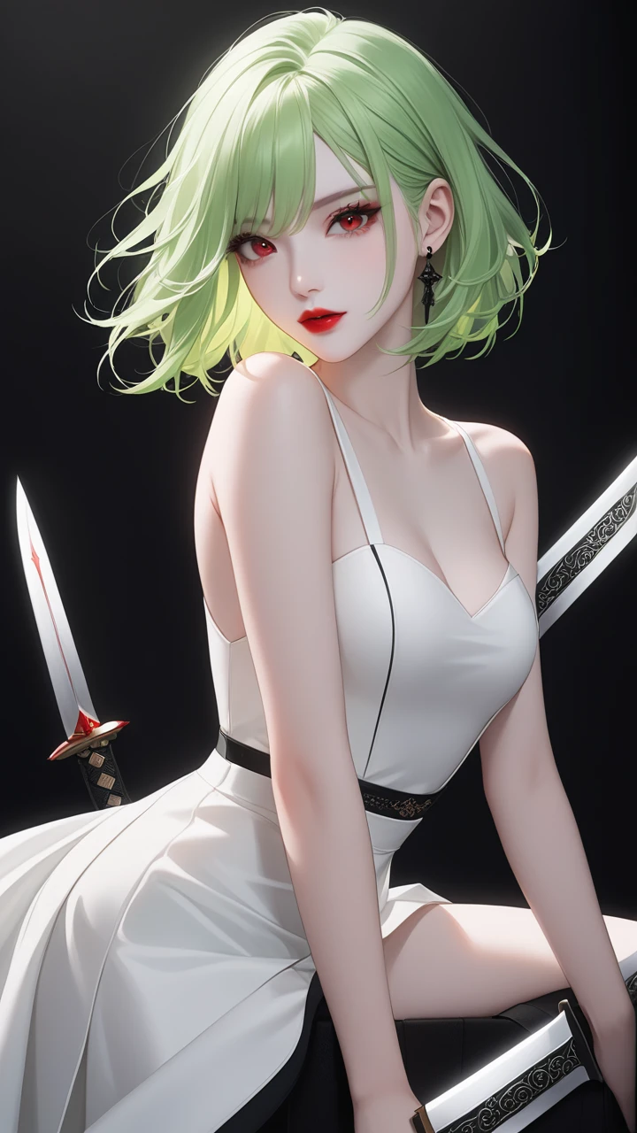 highest quality、masterpiece、1 girl、black background、light green hair:1.5、red eyes、red lips、white clothes、Black and white world、Black and white world、pale skin、side blade