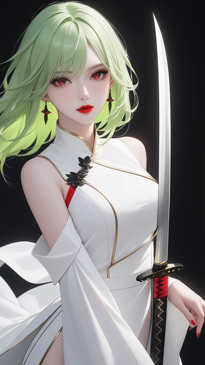 highest quality、masterpiece、1 girl、black background、light green hair:1.5、red eyes、red lips、white clothes、Black and white world、Black and white world、pale skin、side blade