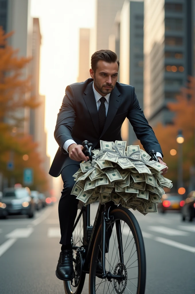 picture of a person riding a bicycle with lots of money
