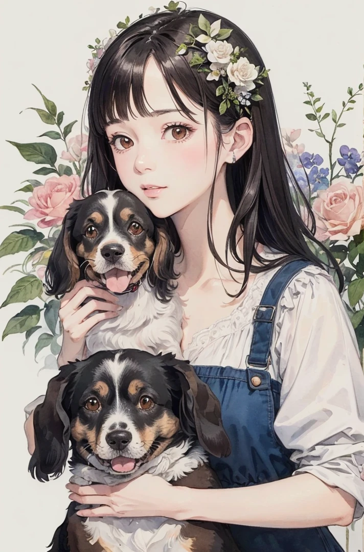 (masterpiece、highest quality、highest quality、Beautiful and beautiful:1.2)、Good anatomy、（watercolor1.5）、（Pigment Thin 1.5）、A picture of a girl holding a dog 、Dutch Decoy Spaniel_Brown、put flowers and leaves on your head