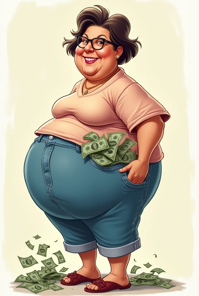 caricature of a 60 year old Brazilian woman, brunette smiling, with straight, short hair down to the shoulders, with his huge ass turned to the side and his pants pockets full of money, bouncing money out and more money around you