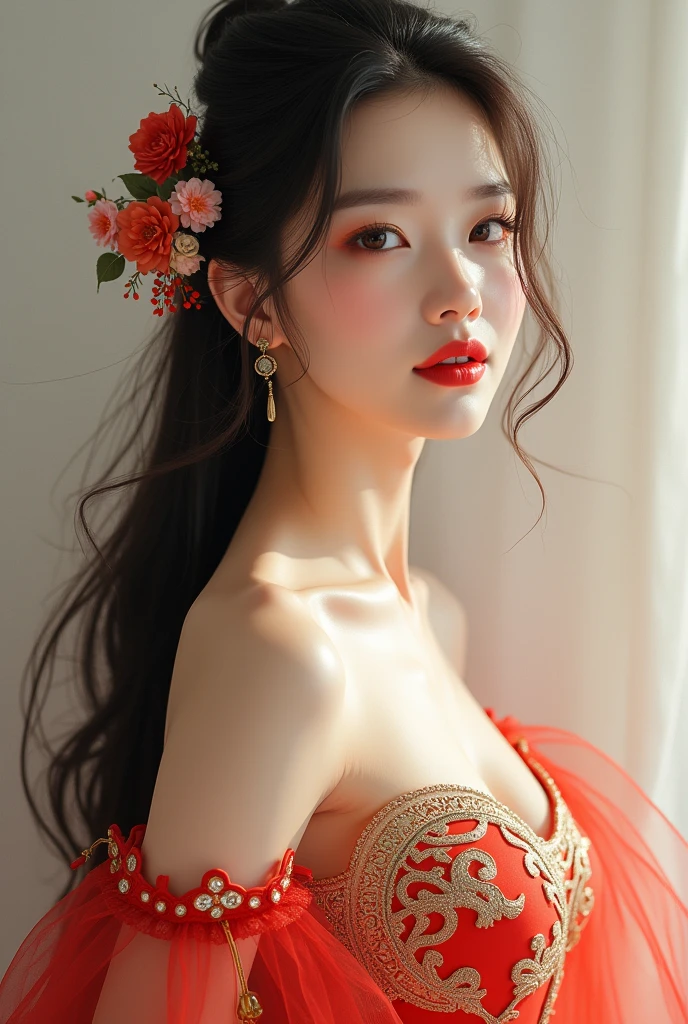 1girl,upper body,fashi-girl,china dress,chinese clothes,hair flower,(masterpiece:1.4),(best quality:1.4),(shiny skin),red lips,looking at viewer,large breasts,parted lips