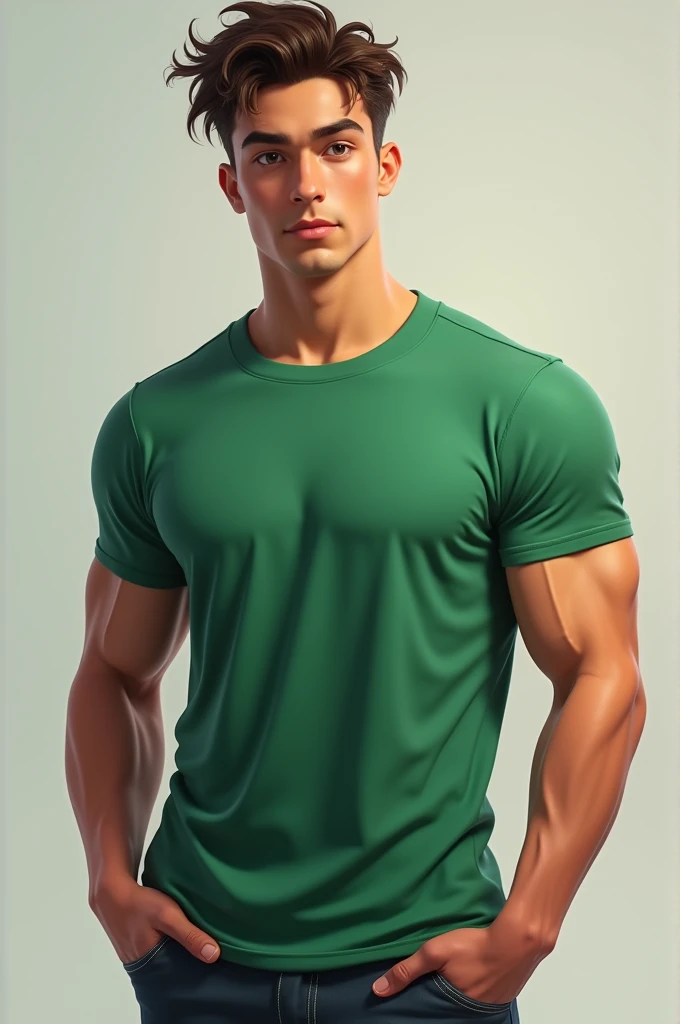 A young man wearing a green t-shirt