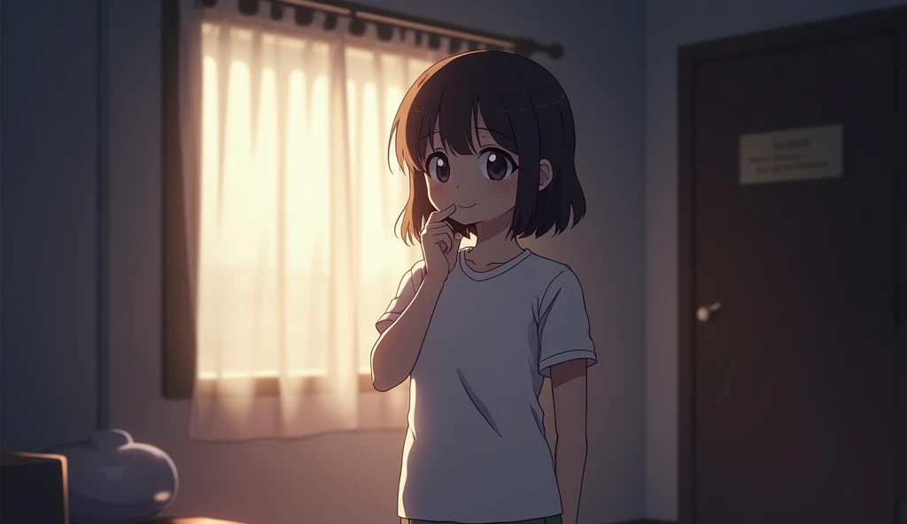 Inside the room,Bob,One person, Lost in Thought,solo, White T-shirt smiling, Off-screen, Anime Style,