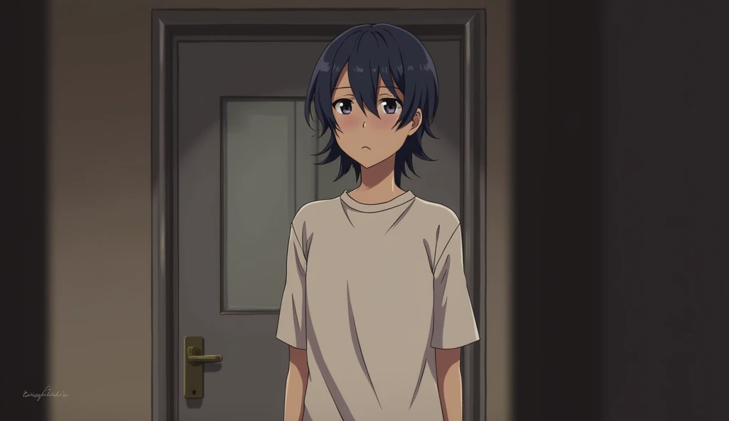 Inside the room,Bob,One person, Lost in Thought,solo, White T-shirt smiling, Off-screen, Anime Style, 